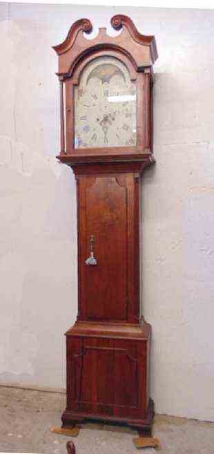 Tall case clock, Dutch sail ship on dial, cherry case,
