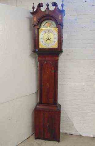 Inlaid mahogany tall case clock, as found, looks